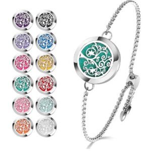 Pulsera difusora de aceite esencial de acero inoxidable con medallón de aromaterapia, pulsera difusora ajustable con 24 almohadillas de repuesto en 12 colores surtidos